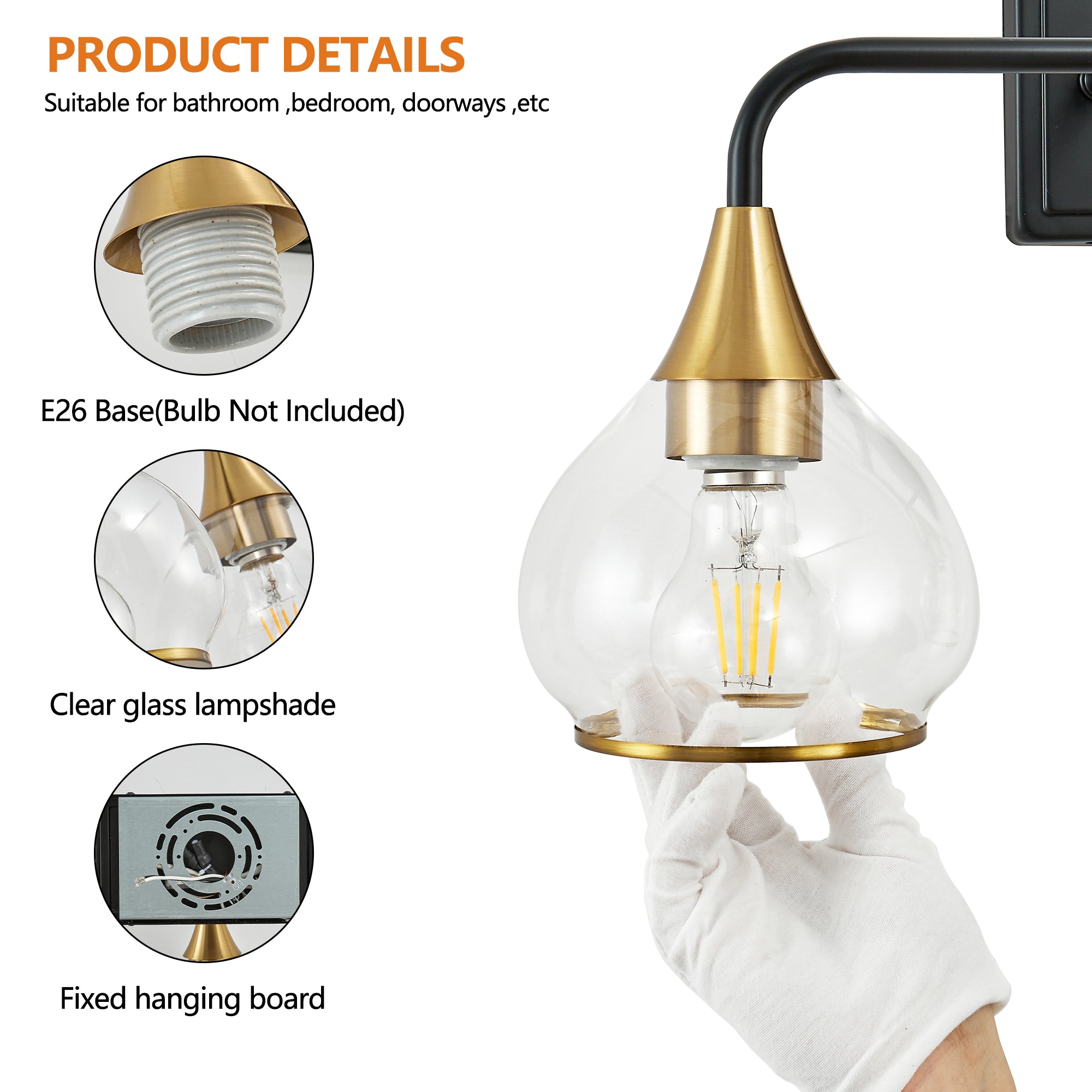 Black and Gold Bathroom Vanity Light Glass Shade