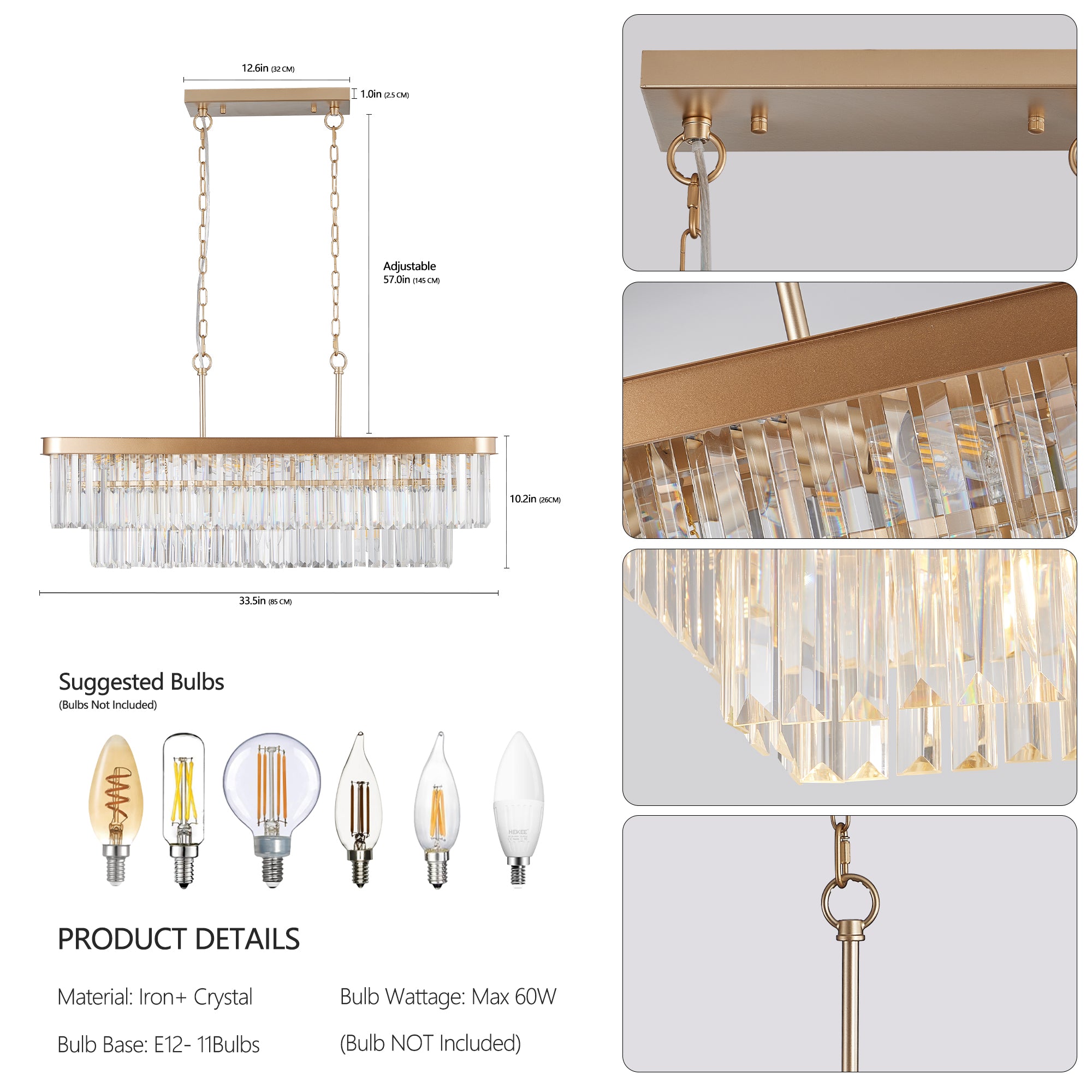 Modern Rectangle Crystal Chandelier, Gold Linear