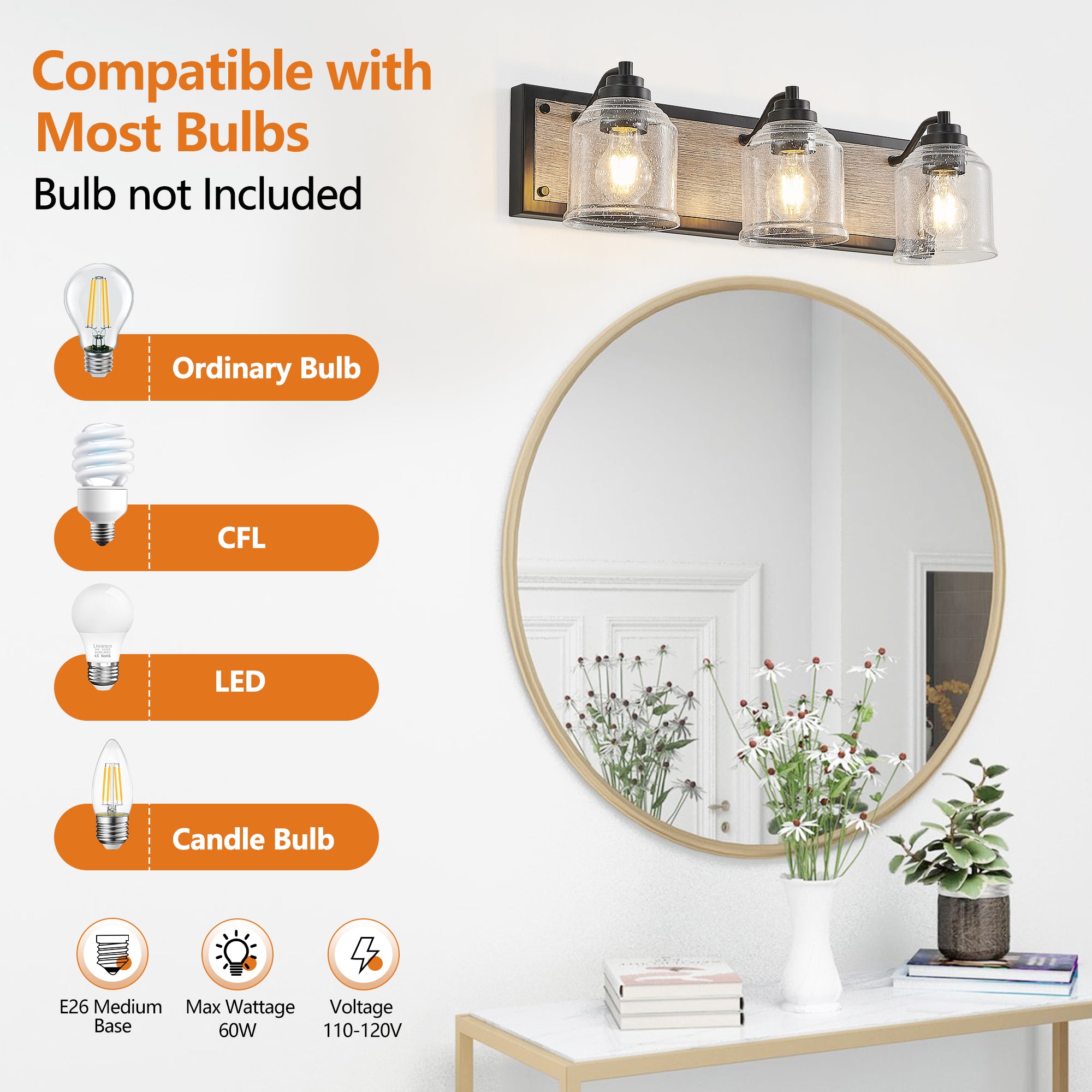 Farmhouse Rustic Vanity Light with Bubble Glass Shades