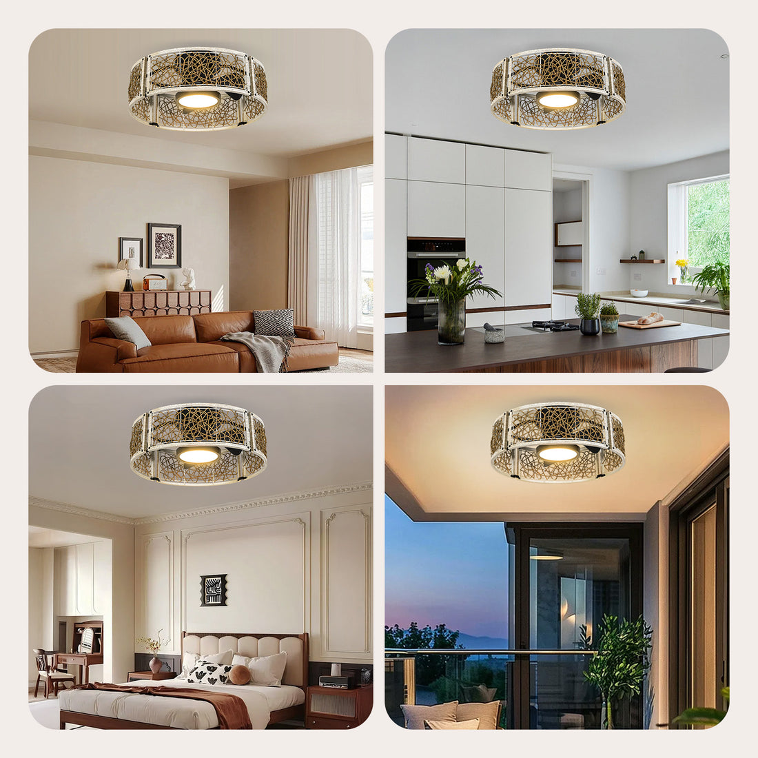 20 Inch LED Cage Flush Mount  Ceiling Fan Natural Rattan