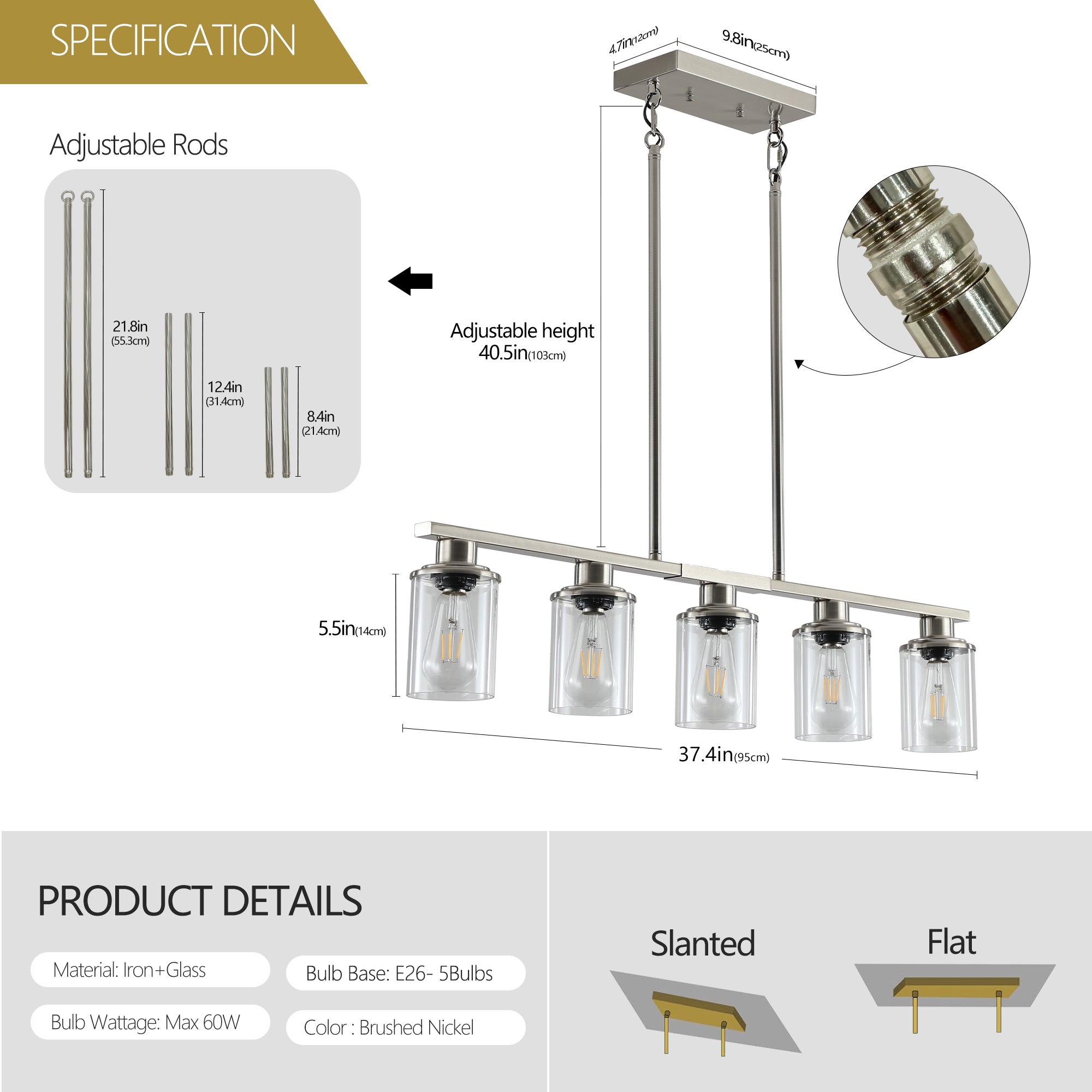 5-Light Kitchen Island Light Height Adjustable