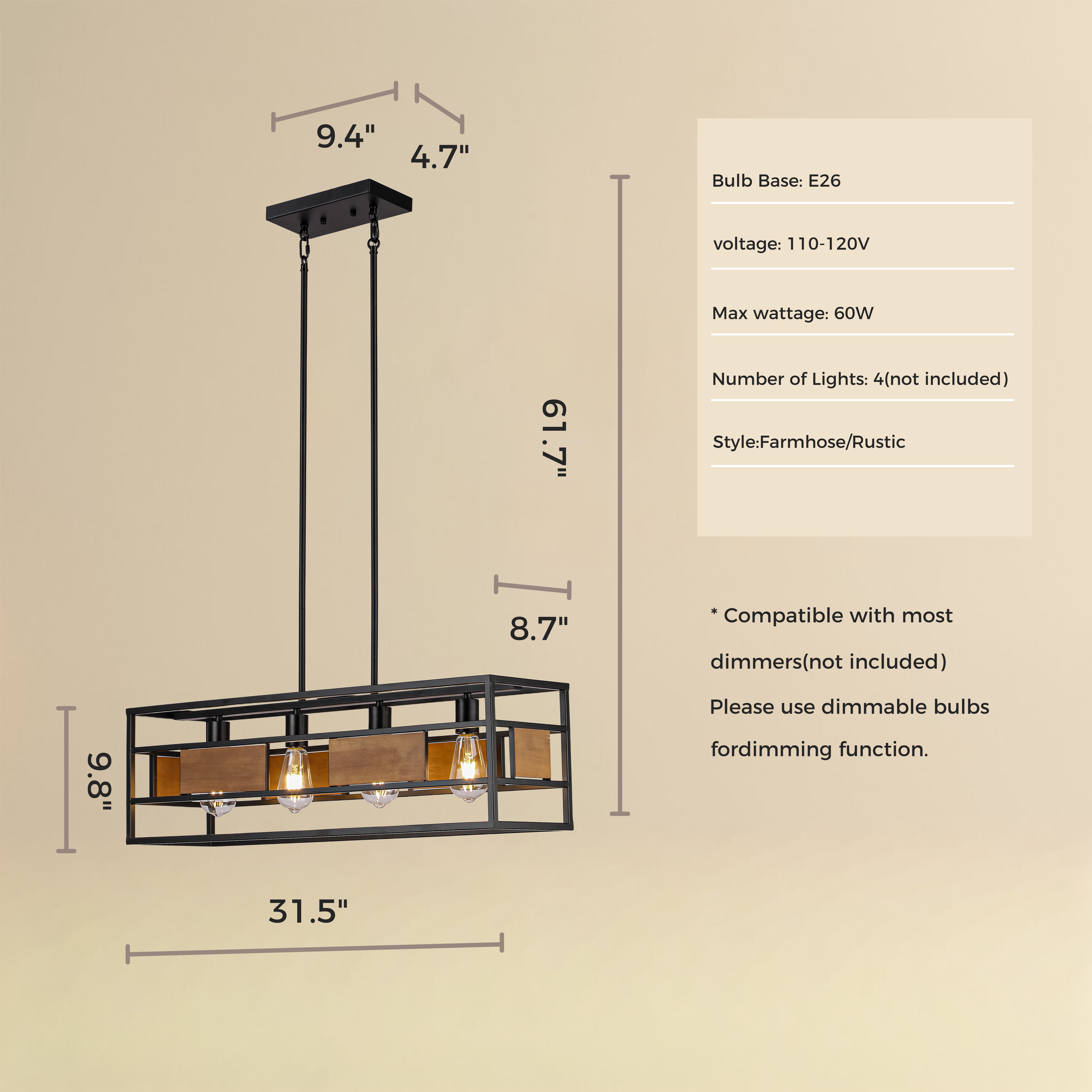 Rectangle Farmhouse Style 4 Lights Pendant