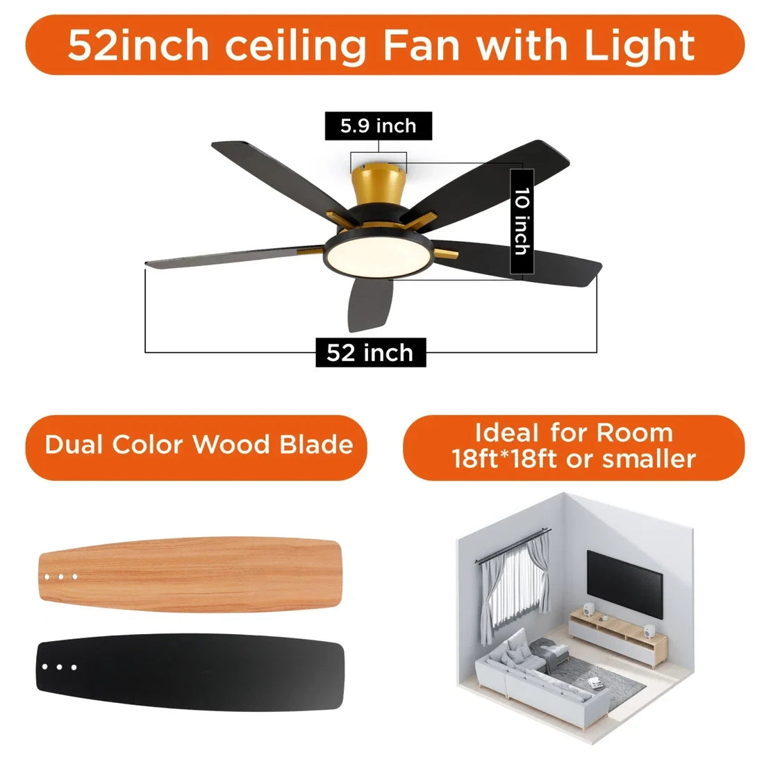 52" Ceiling Fan with Light with Reversible DC Motor