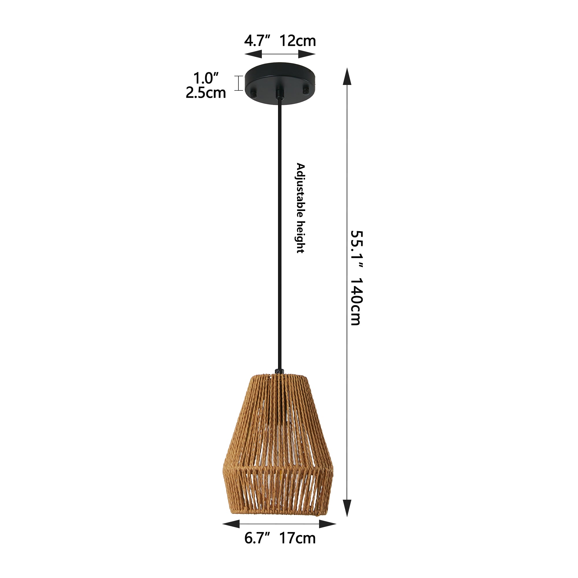 Hanging Lamp 7” with Handwoven Woven Rattan Shade