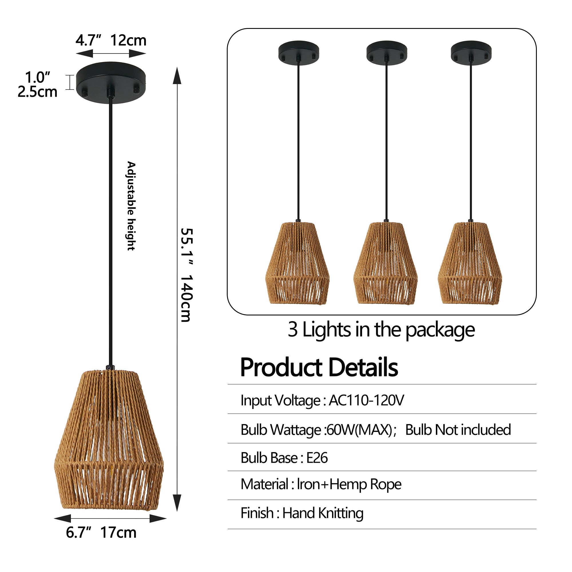 Hanging Lamp 7” with Handwoven Woven Rattan Shade