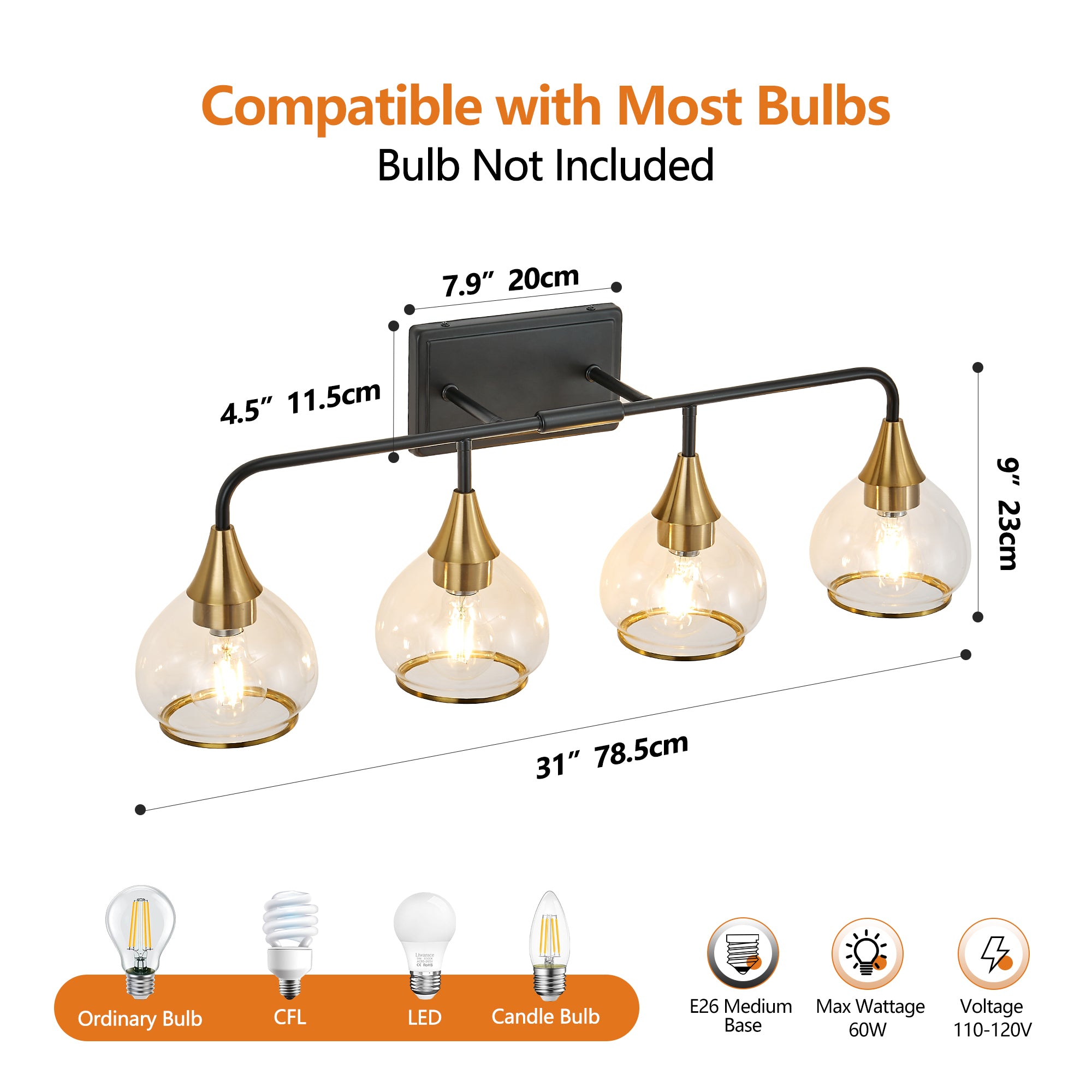 Black and Gold Bathroom Vanity Light Glass Shade