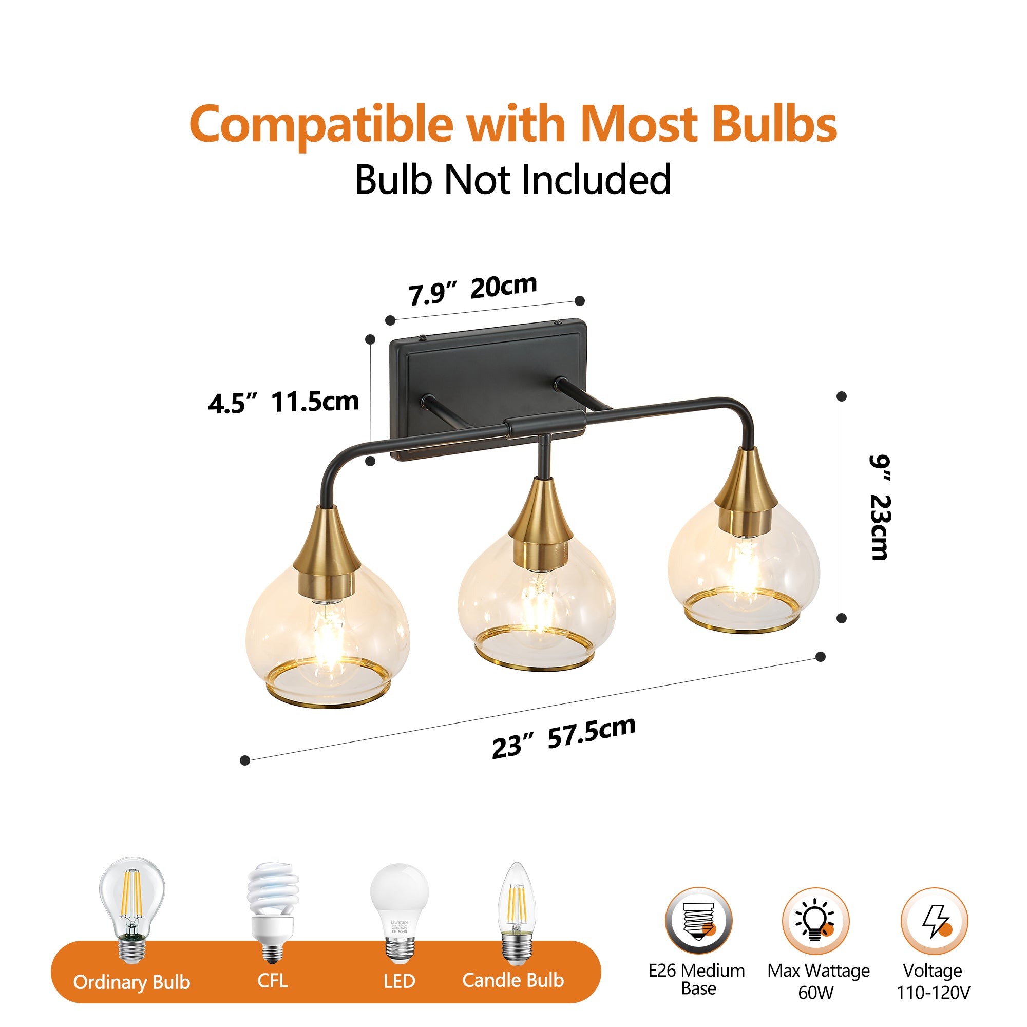 Black and Gold Bathroom Vanity Light Glass Shade