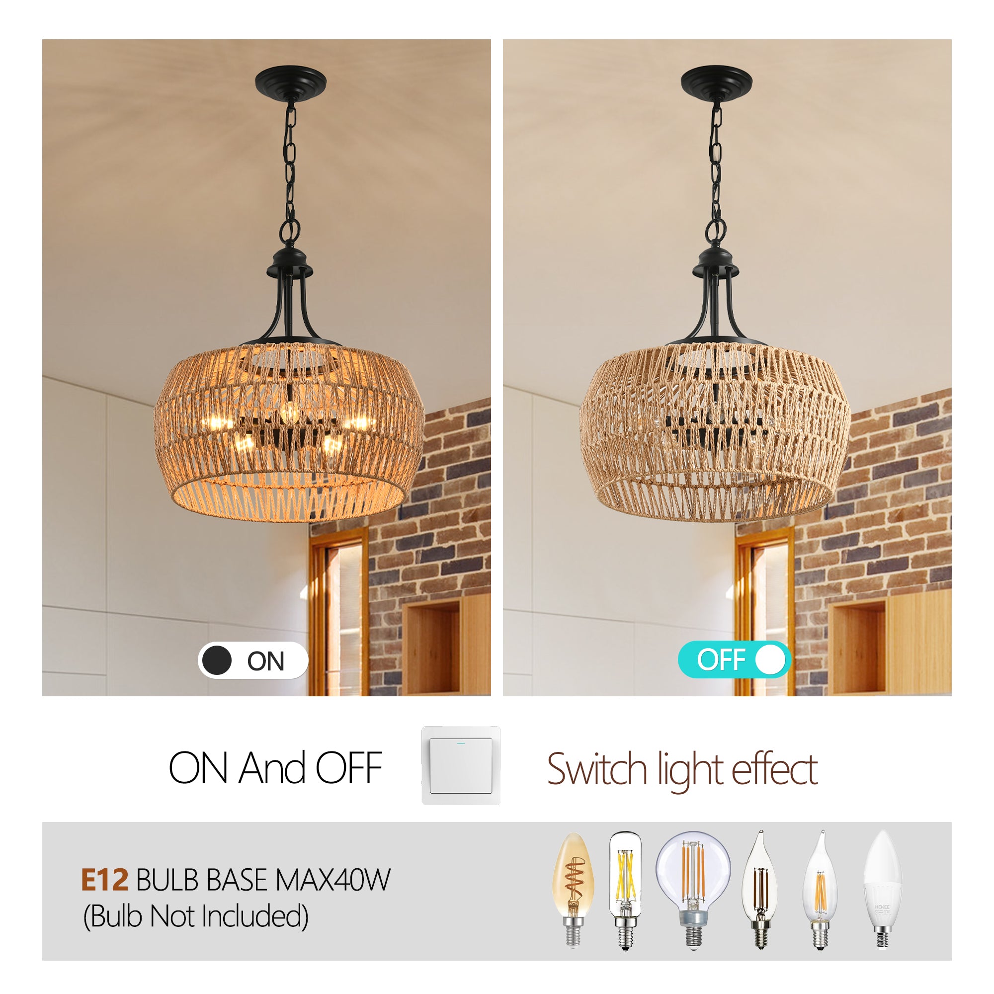 5-Light Rattan Pendant Light with Wicker Lampshade